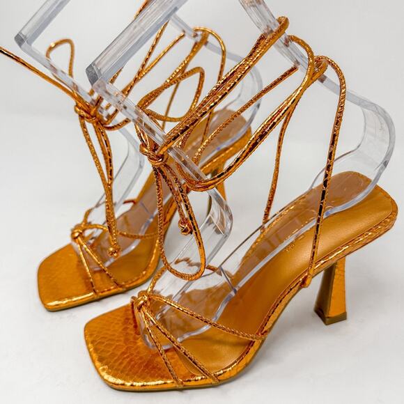 Open Edit Orange Bronze Metallic Ankle Calf Lace Strappy Sandals, NEW, Size 5 - Picture 4 of 10